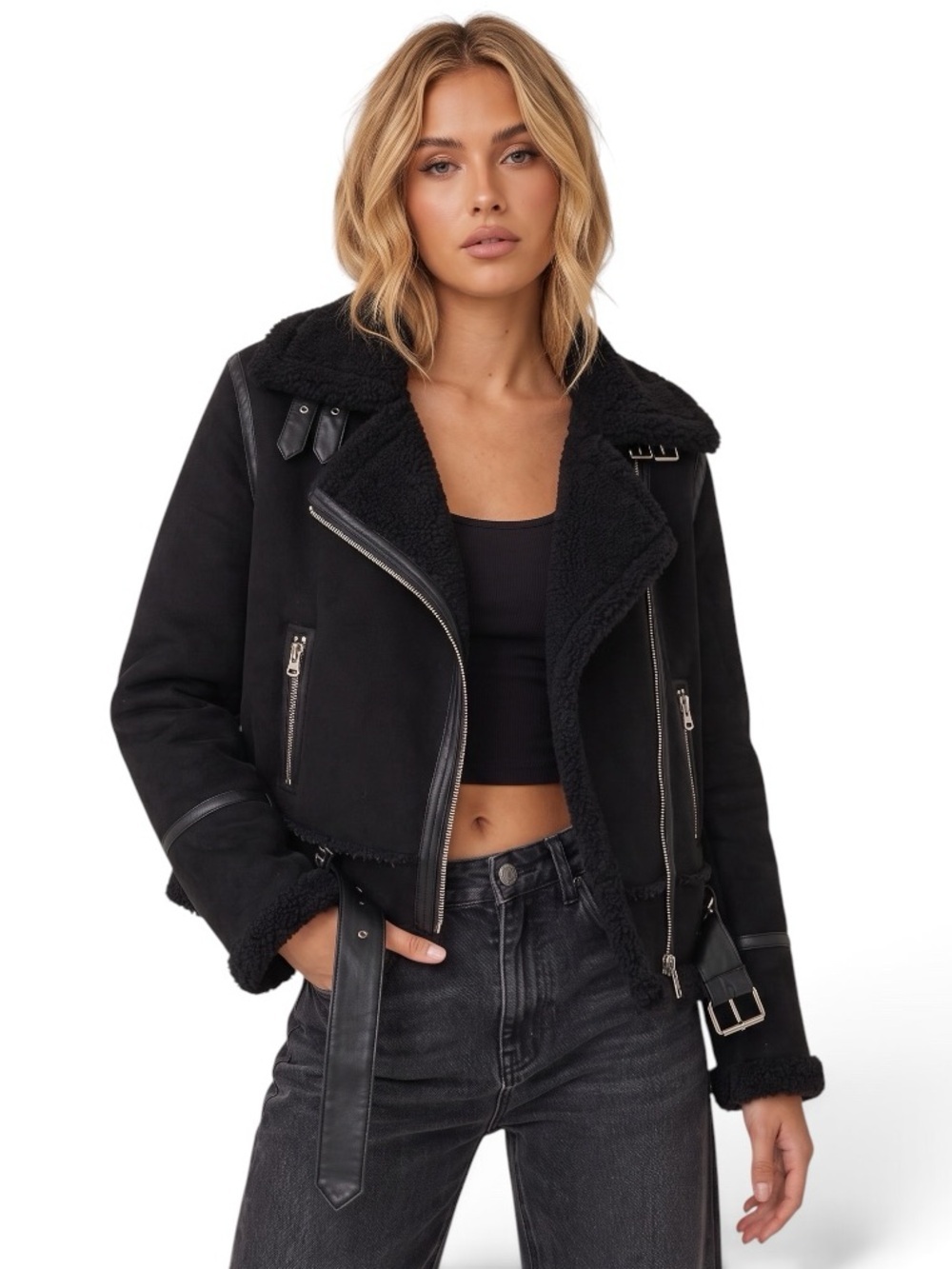 ZARA Women's Double Sided Jacket Faux Suede Shearling Moto Aviator Sz S Coat